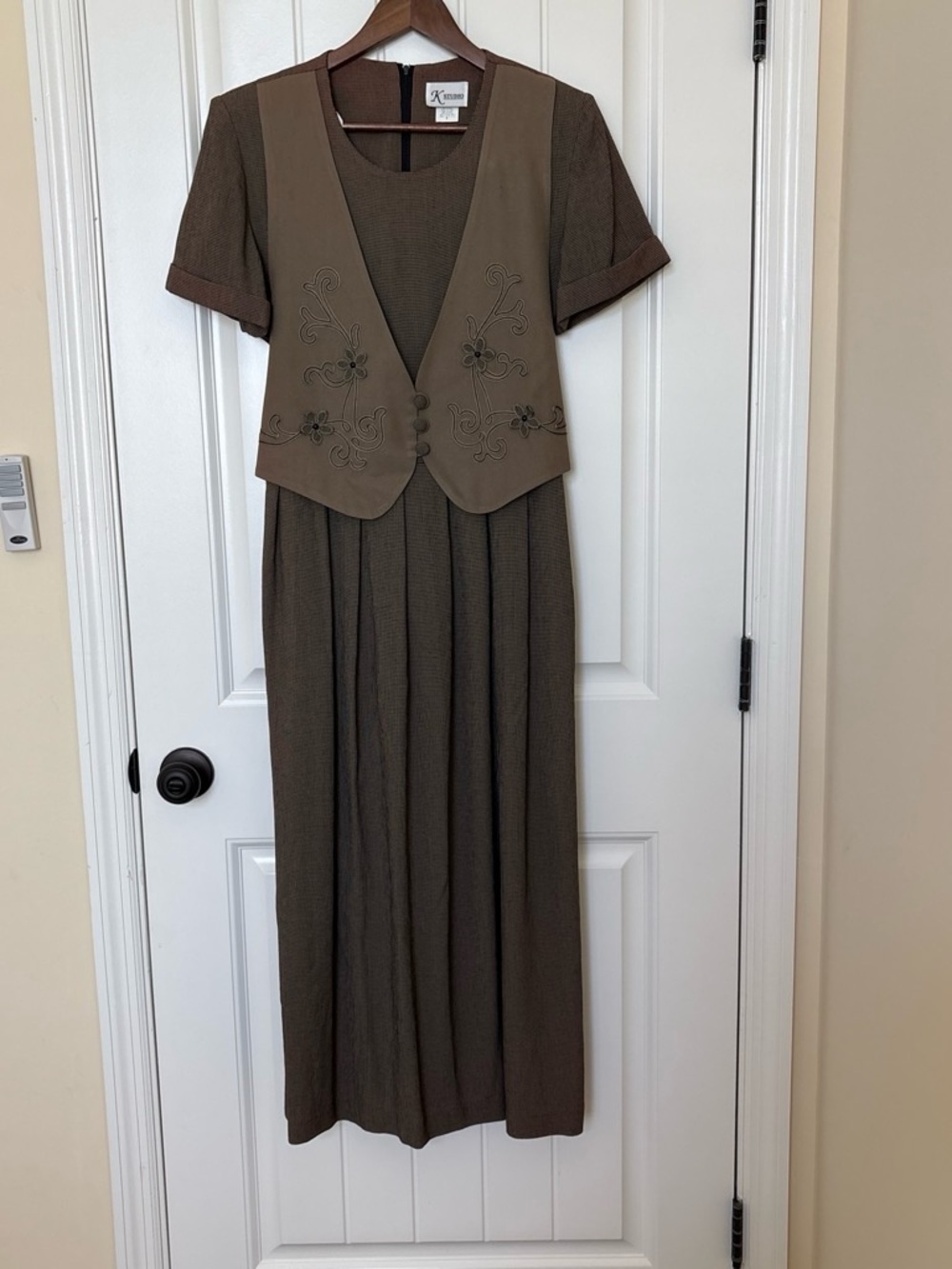 K Studio Olive Short-Sleeve Midi Dress with Embroidered Vest Layer